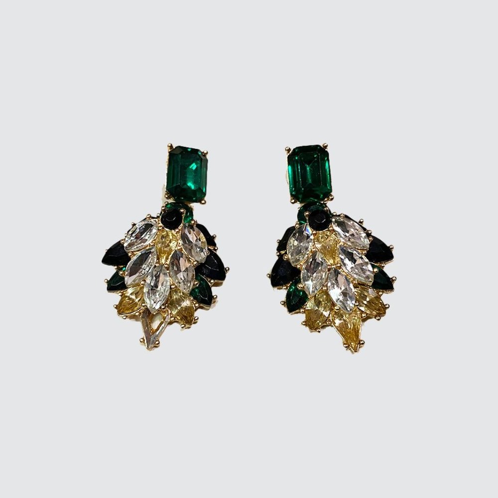 Rhinestone Earrings - Black/Green/Gold